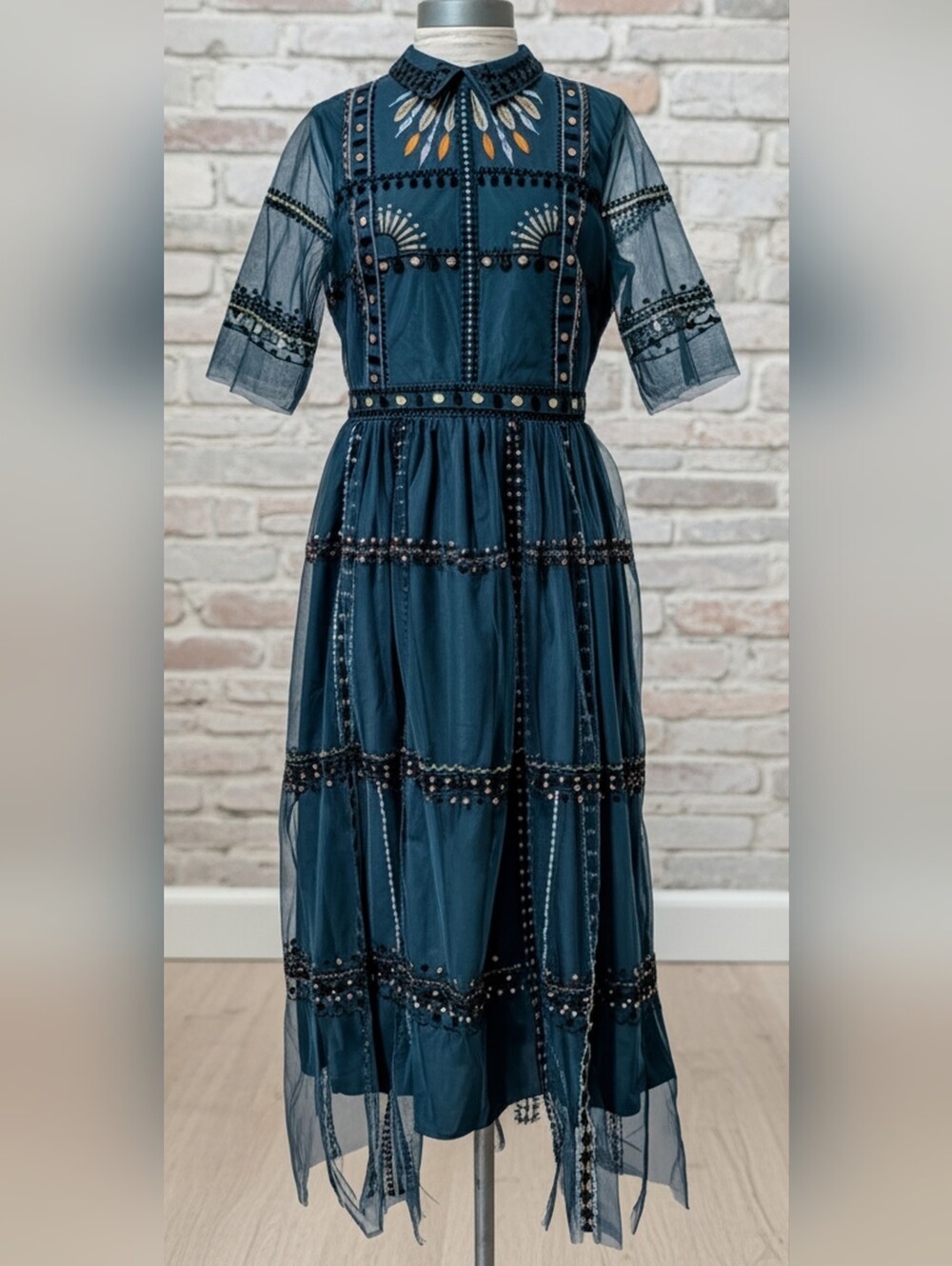 Boho Teal Green Embroidered Tulle Tiered Midi Dress | Mesh Overlay - Size XL